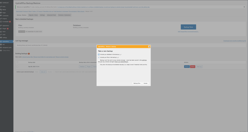 Backup Now popup with database/files options checked