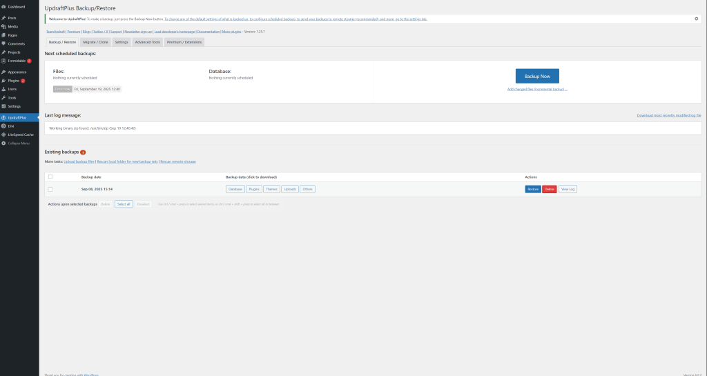UpdraftPlus dashboard with Backup Now button