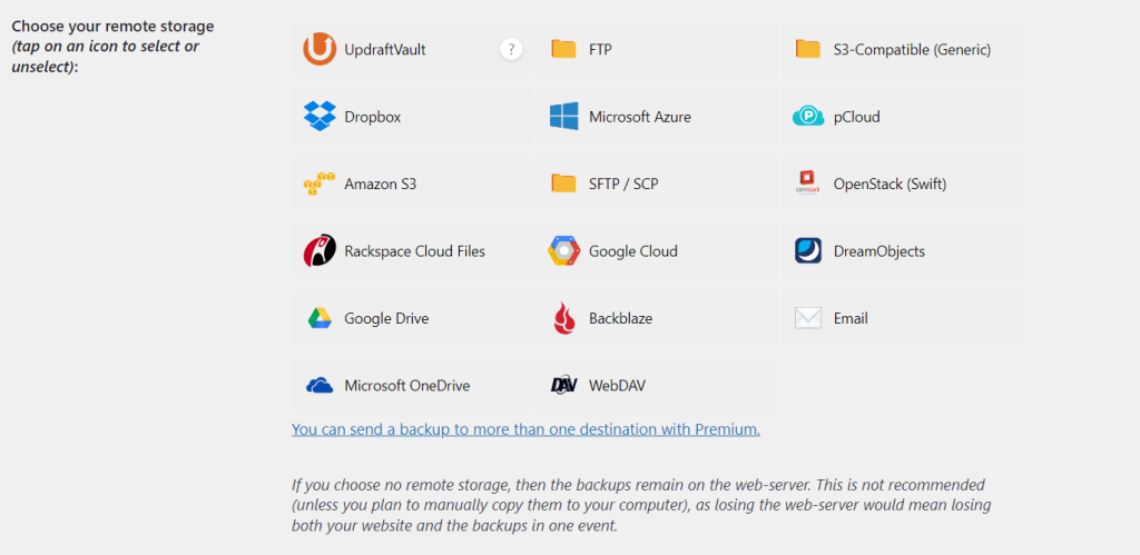 UpdraftPlus remote storage options list