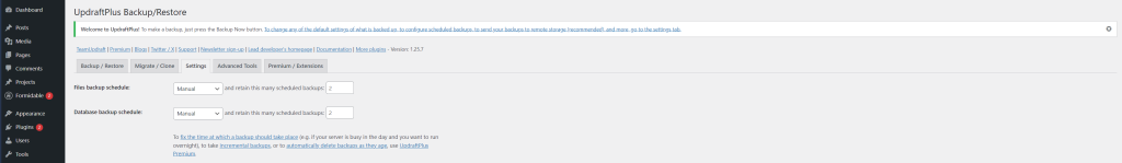 Settings tab showing backup schedule dropdowns