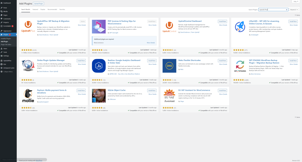 Plugin search results showing UpdraftPlus with Install/Activate button